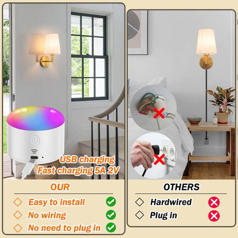 Wireless Battery Operated Wall Sconce Set Of Two With Remote Control Dimmable Indoor Wall Mounted Lamps Rechargeable Bulbs Three Color Temperature Options DIY Friendly No Wiring Easy Install For Bedroom Living Room, shown in a comparative setup with USB charging capability.