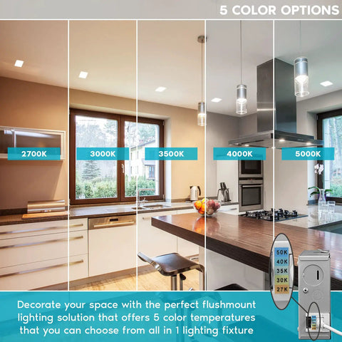 Ultra Thin 6 Inch Square LED Recessed Light Kit, 15W, Five Color Temperature Options 2700K To 5000K in kitchen setting