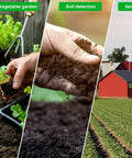 Collage showing vegetable garden, soil detection, and farm with 12 Inch Stainless Steel Soil Probe Rod With T Handle For Quick Dirt Testing