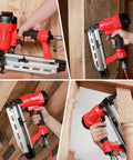 Pro Grade Pneumatic 16 Gauge Finish Nailer Kit With One Thousand Finish Nails Oil Free Design Depth Adjustment Dry Fire Lockout Straight Nail Gun For One And Quarter Inch To Two And Half Inch Nails in use on woodwork.