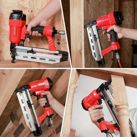 Pro Grade Pneumatic 16 Gauge Finish Nailer Kit With One Thousand Finish Nails Oil Free Design Depth Adjustment Dry Fire Lockout Straight Nail Gun For One And Quarter Inch To Two And Half Inch Nails in use on woodwork.