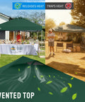 10x10 Pop Up Canopy Tent With One Side Wall For Beach Parties Camping And Events Fast One Push Centerlok Setup No Tools Needed Durable Outdoor Sun Shade Gazebo Includes STO N Go Carry Bag Forest Green showcasing vented top design with heat release feature in garden setup.