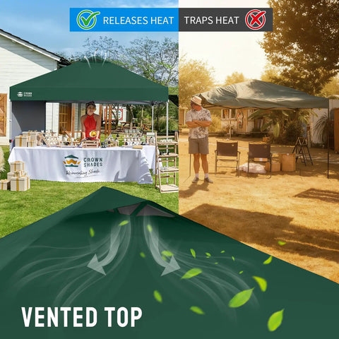 10x10 Pop Up Canopy Tent With One Side Wall For Beach Parties Camping And Events Fast One Push Centerlok Setup No Tools Needed Durable Outdoor Sun Shade Gazebo Includes STO N Go Carry Bag Forest Green showcasing vented top design with heat release feature in garden setup.