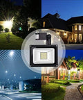 JUDYSSY Solar Flood Lights 20W Warm White Led Spotlight with Motion illuminating various outdoor settings at night.