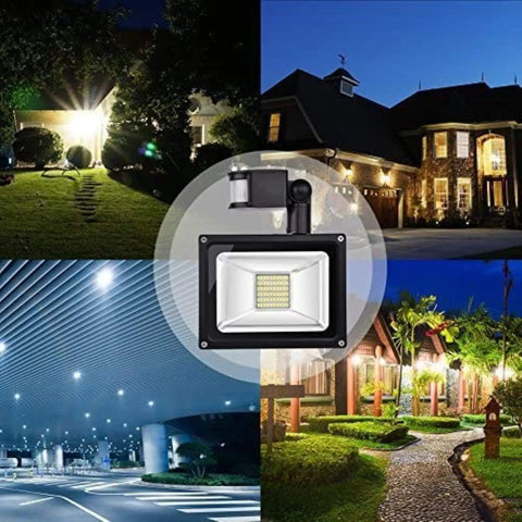 JUDYSSY Solar Flood Lights 20W Warm White Led Spotlight with Motion illuminating various outdoor settings at night.