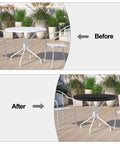Outdoor Round Table Cover Black 48 Inch Diameter Waterproof And UV Resistant With Drawstring Tie Built To Last Protects Patio Tables From Sun And Rain Fits Folding Display Or Banquet Tables Anti Fading Weatherproof shown on outdoor table before and after application
