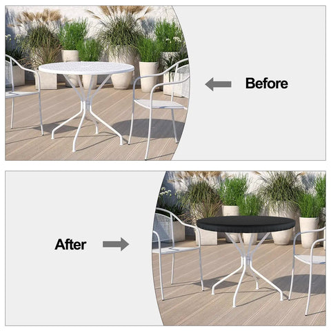 Outdoor Round Table Cover Black 48 Inch Diameter Waterproof And UV Resistant With Drawstring Tie Built To Last Protects Patio Tables From Sun And Rain Fits Folding Display Or Banquet Tables Anti Fading Weatherproof shown on outdoor table before and after application