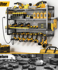 Heavy Duty Power Tool Organizer Wall Mount With 7 Slot Cordless Drill Holder And Battery Shelf, metal tools organized neatly.
