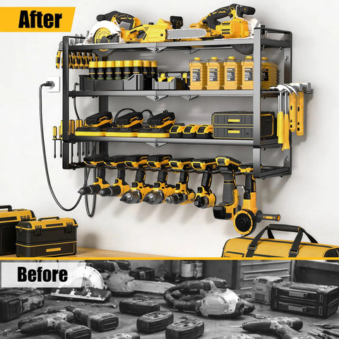 Heavy Duty Power Tool Organizer Wall Mount With 7 Slot Cordless Drill Holder And Battery Shelf, metal tools organized neatly.