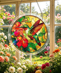 Colorful Acrylic Jigsaw Puzzle Suncatcher Kit of a hummingbird and flowers, 83 piece DIY sun catcher for window decor.