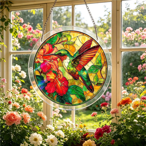 Colorful Acrylic Jigsaw Puzzle Suncatcher Kit of a hummingbird and flowers, 83 piece DIY sun catcher for window decor.
