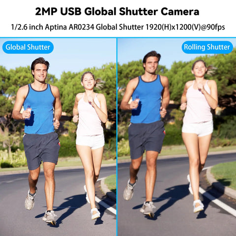 Comparison of Global Shutter USB Camera Module With 2MP High Speed 90fps Rig-Ready UVC Sensor and rolling shutter effect on runners