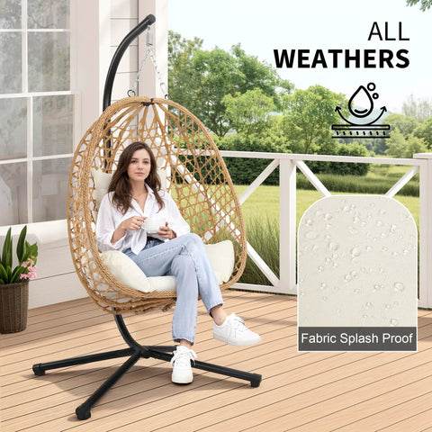 Woman sitting in Egg Chair With Stand Outdoor Patio Wicker Hanging Chair Hammock Swing Seat Cozy Ergonomic Design With Thick Cushion