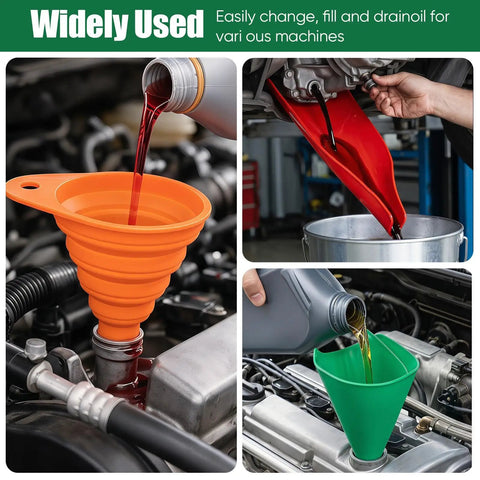 Three Piece Silicone Oil Drain Funnel Set For Spill Free Oil Changes used in cars, featuring orange, red, and green funnels