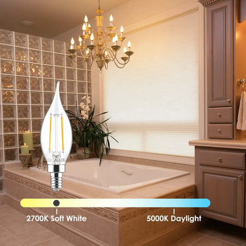 Elegant bathroom with chandelier showcasing Dimmable LED Candelabra Bulbs E12 CA10 Flame Tip 2700K Warm White 40W Equivalent