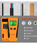Built Tough 3 In 1 Wall Scanner And Stud Finder Including Metal Detector And Live Wire Voltage Alert For Fast Positioning Of Hidden Joists And Smooth Weekend Project Fixes In Orange on a textured background.