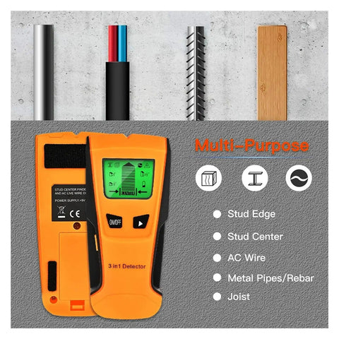 Built Tough 3 In 1 Wall Scanner And Stud Finder Including Metal Detector And Live Wire Voltage Alert For Fast Positioning Of Hidden Joists And Smooth Weekend Project Fixes In Orange on a textured background.