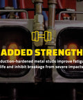 Induction-hardened metal studs in equipment improving strength and durability against impacts, with graphic overlay text