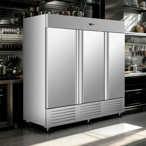Badass Commercial Upright Freezer With Three Doors featuring stainless steel design in a modern kitchen with rolling wheels.