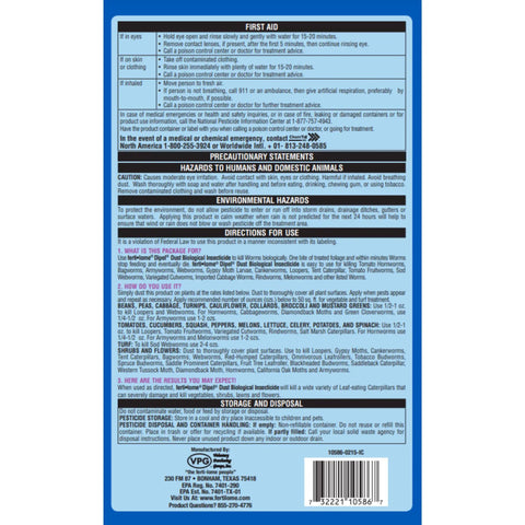 Back label of Dipel Dust Biological Insecticide For Veggies, Shrubs, Lawns And Flowers with instructions and warnings