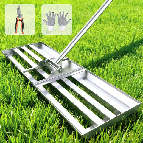 Heavy Duty Lawn Leveling Rake with 30 by 10 inch stainless steel head and adjustable 78 inch handle on grass