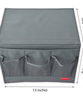 Slide Under Mattress Bedside Storage Caddy With Sturdy Oxford Cloth And Leather Trim, grey fabric, 13x9 inches with mesh pockets.