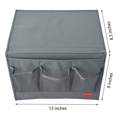 Slide Under Mattress Bedside Storage Caddy With Sturdy Oxford Cloth And Leather Trim, grey fabric, 13x9 inches with mesh pockets.