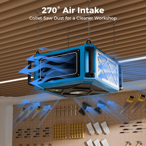 Heavy Duty Hanging Dust Filtration System With 270 Degree Intake 780 And 1080 CFM Built In Ionizer in workshop