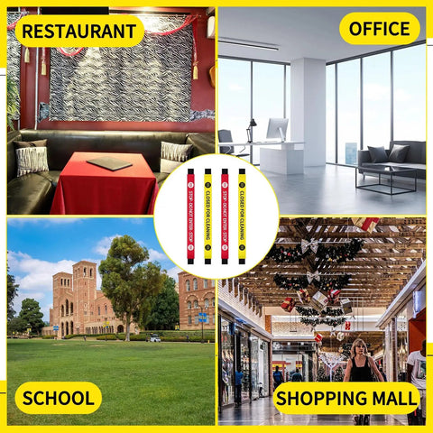 Heavy Duty Nylon Door Barricade Signs Set Of Four Hella Visible Warning Strips in a restaurant, office, school, and shopping mall.