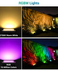 Dope Outdoor RGBW 40W LED Flood Light With Smart Color Changing, showcasing warm white and RGB colors on a building facade.