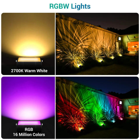 Dope Outdoor RGBW 40W LED Flood Light With Smart Color Changing, showcasing warm white and RGB colors on a building facade.