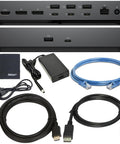 Thunderbolt 5 Smart Dock With 300w Pd Powers Quad 4k 60hz Screens Includes Hdmi And Displayport Cables showing ports, cables, and adapter.