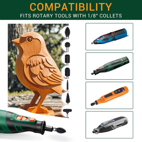 Tough As Nails Spike Flame Rotary Burr Packed In Dense Tungsten Carbide shown with rotary tools and wood bird carving.