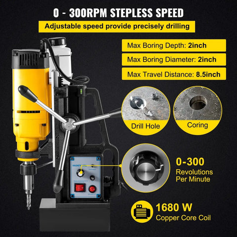 Powerful 750W Magnetic Drill Press With Stepless Speed Control And Multifunctional Electric Bench Drilling Machine showing adjustable RPM features.