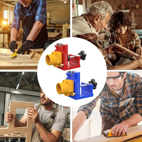 Top Shelf Aluminum Drilling Guide Jig For Cabinet Assembly And Woodworking With Zero Hassle Depth Controls in red and blue.