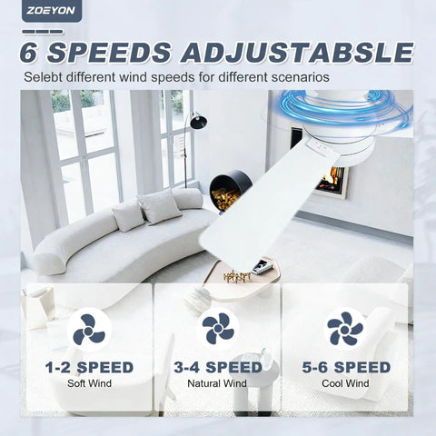Low Profile 42 Inch Ceiling Fan With Light And Remote Reversible Motor showing 6 speeds adjustable settings