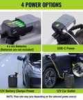 Boss Built Electric Fuel Transfer Pump With Auto Stop Sensor Plus Buzzer Sound And 3.8 Gpm Output For Zero Drip Gas Transfers And Garage Ready Workflows showing four power options including battery, USB-C, and 12V car outlet.