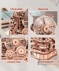 3D Wooden Puzzle And Marble Run Kit For Adults And Teens, Build And Play DIY Gear Ball Challenge With Auto Lift, Ramps And Victory Bell, Retro Gamepad Styled Model Building Toy For Christmas And Birthday Gifts, close-up of lifting ladder, ring track, jumping ramp and rotating separator