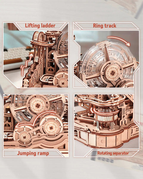 3D Wooden Puzzle And Marble Run Kit For Adults And Teens, Build And Play DIY Gear Ball Challenge With Auto Lift, Ramps And Victory Bell, Retro Gamepad Styled Model Building Toy For Christmas And Birthday Gifts, close-up of lifting ladder, ring track, jumping ramp and rotating separator