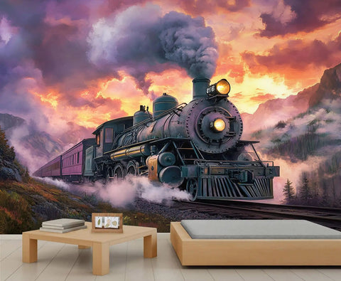 Train Mural Wallpaper for Bedroom and Living Room Steam Locomotive 3D Wall Murals Not Peel and Stick Durable Fabric Backdrop
