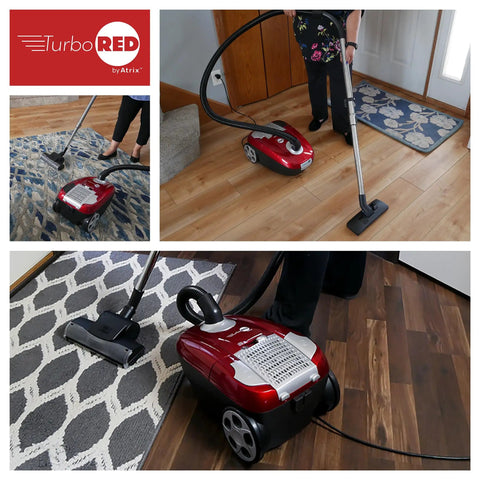 Heavy Duty HEPA Canister Vacuum Cleaner With 1400 Watt Variable Suction Motor And Three Stage Filtration cleaning hardwood floor.