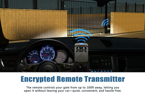 Remote controlling gate opener from a car, highlighting the Heavy Duty Pro Grade 1100 Lb Sliding Gate Opener With Chain Drive Includes 2 Remotes 16 Foot Chain Hardware Kit Automatic Gate Operator For Driveway Access System.