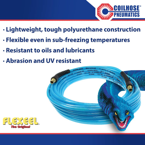 Flexeel Reinforced Polyurethane Air Hose Three Eighths Inch ID, 100 Foot Length coiled with illustration, transparent blue