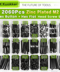 M2 Screw Kit 4mm To 40mm With Button Head And Flat Head Zinc Plated Screws, Includes 510 Nuts, 520 Washers, 520 Lock Washers, And Black Machine Screws, 255Pcs Each Type M2 Screws, Ideal For Electronics, DIY, And Model Projects displayed in organized compartments