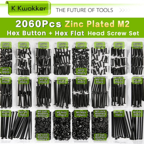 M2 Screw Kit 4mm To 40mm With Button Head And Flat Head Zinc Plated Screws, Includes 510 Nuts, 520 Washers, 520 Lock Washers, And Black Machine Screws, 255Pcs Each Type M2 Screws, Ideal For Electronics, DIY, And Model Projects displayed in organized compartments