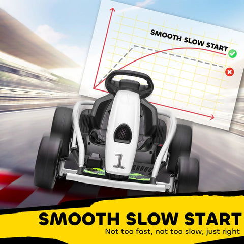 24V Electric Go Kart For Kids, Drift Ready Battery Powered Ride On Toy, 8.1 MPH Top Speed, Slow Start, white design in action.