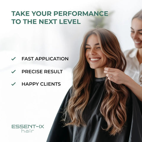 Smiling client getting hair extensions with Pro Grade Keratin Fusion Tool For Hair Extensions With Slim Long Heating Plates.