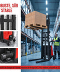 Built Different 3300 Lbs Capacity Semi Electric Pallet Stacker with heavy duty carbon steel lifting pallets in a warehouse.
