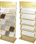 Five Tier Swatch Sample Storage Rack In Gold, Heavy Duty Metal Frame With Dense Wire Mesh, Stable Build For Ceramics, Glass, Building Materials, Space Saving Display Stand For Pro Grade Showcases, 67x35x150 cm