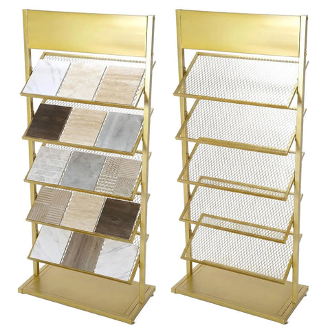 Five Tier Swatch Sample Storage Rack In Gold, Heavy Duty Metal Frame With Dense Wire Mesh, Stable Build For Ceramics, Glass, Building Materials, Space Saving Display Stand For Pro Grade Showcases, 67x35x150 cm